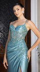 Elegant Embroidered Satin Prom Dress with High Slit & Corset Back By May Queen MQ2183