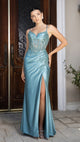 Elegant Embroidered Satin Prom Dress with High Slit & Corset Back By May Queen MQ2183