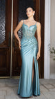 Elegant Embroidered Satin Prom Dress with High Slit & Corset Back By May Queen MQ2183