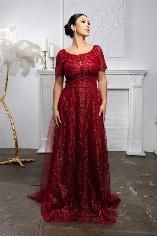 Beaded Short Sleeve A-Line Evening Gown with V-Back Mother of the Bride Dress by May Queen MQ2185