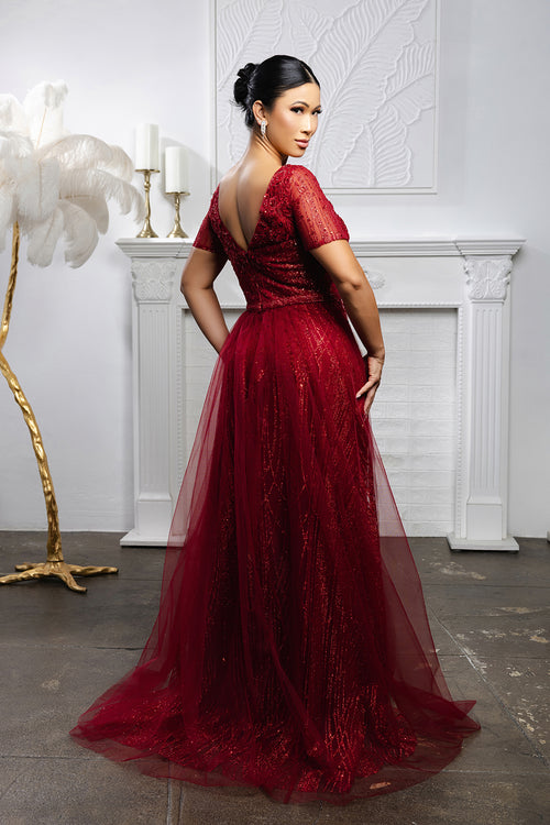 Beaded Short Sleeve A-Line Evening Gown with V-Back Mother of the Bride Dress by May Queen MQ2185