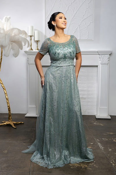 Beaded Short Sleeve A-Line Evening Gown with V-Back Mother of the Bride Dress by May Queen MQ2185