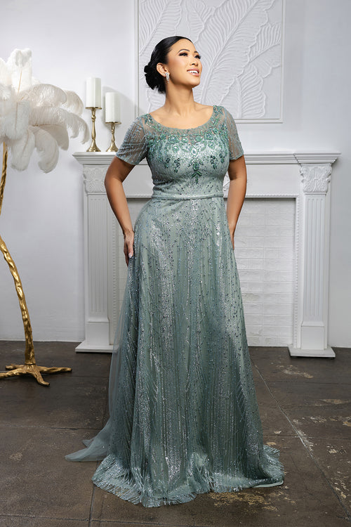 Beaded Short Sleeve A-Line Evening Gown with V-Back Mother of the Bride Dress by May Queen MQ2185