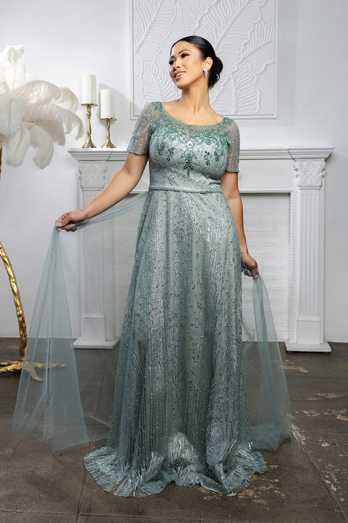 Beaded Short Sleeve A-Line Evening Gown with V-Back Mother of the Bride Dress by May Queen MQ2185