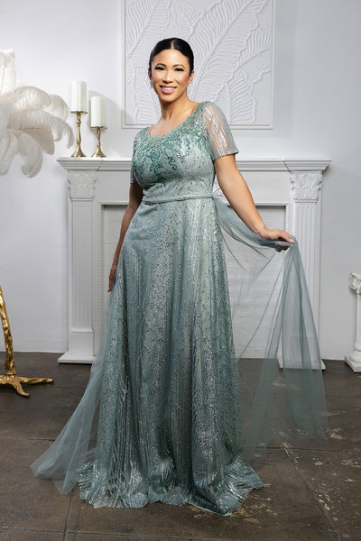 Beaded Short Sleeve A-Line Evening Gown with V-Back Mother of the Bride Dress by May Queen MQ2185