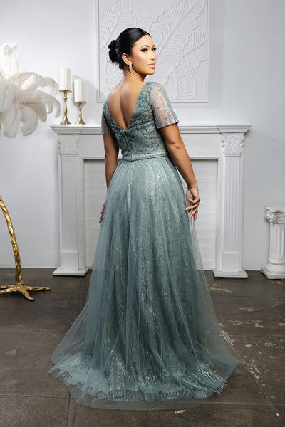 Beaded Short Sleeve A-Line Evening Gown with V-Back Mother of the Bride Dress by May Queen MQ2185