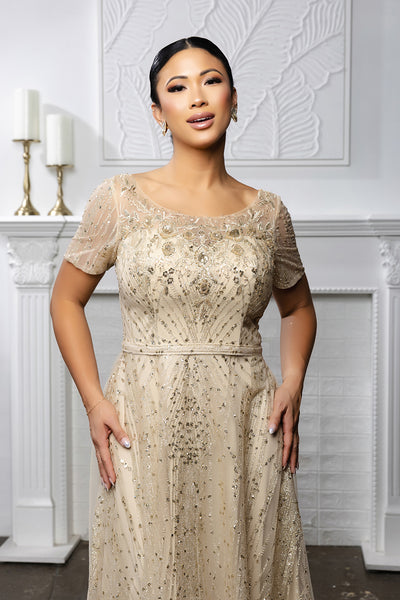 Beaded Short Sleeve A-Line Evening Gown with V-Back Mother of the Bride Dress by May Queen MQ2185