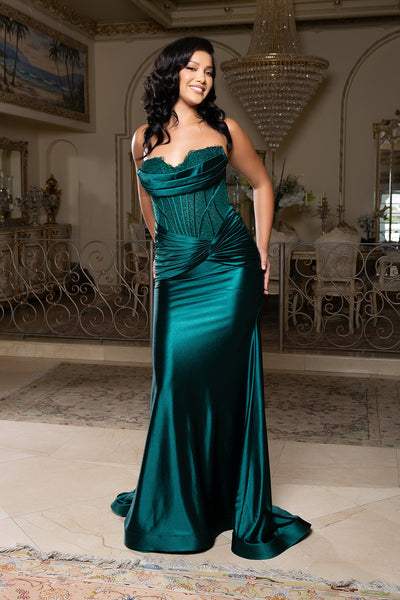 Strapless Satin Corset Evening Gown with Lace Bodice Formal Prom & Black Tie Dress by May Queen MQ2186
