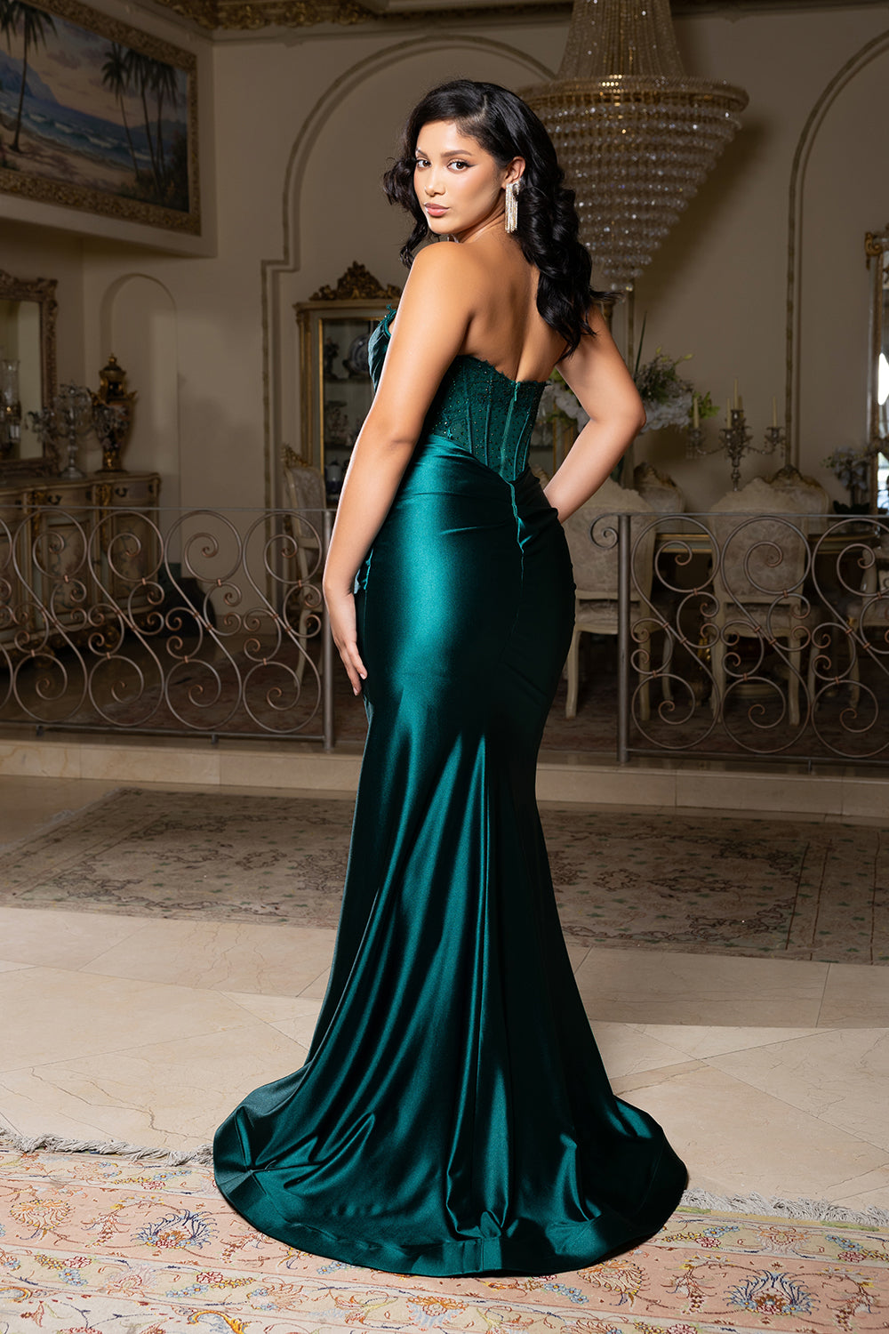 Strapless Satin Corset Evening Gown with Lace Bodice Formal Prom & Black Tie Dress by May Queen MQ2186