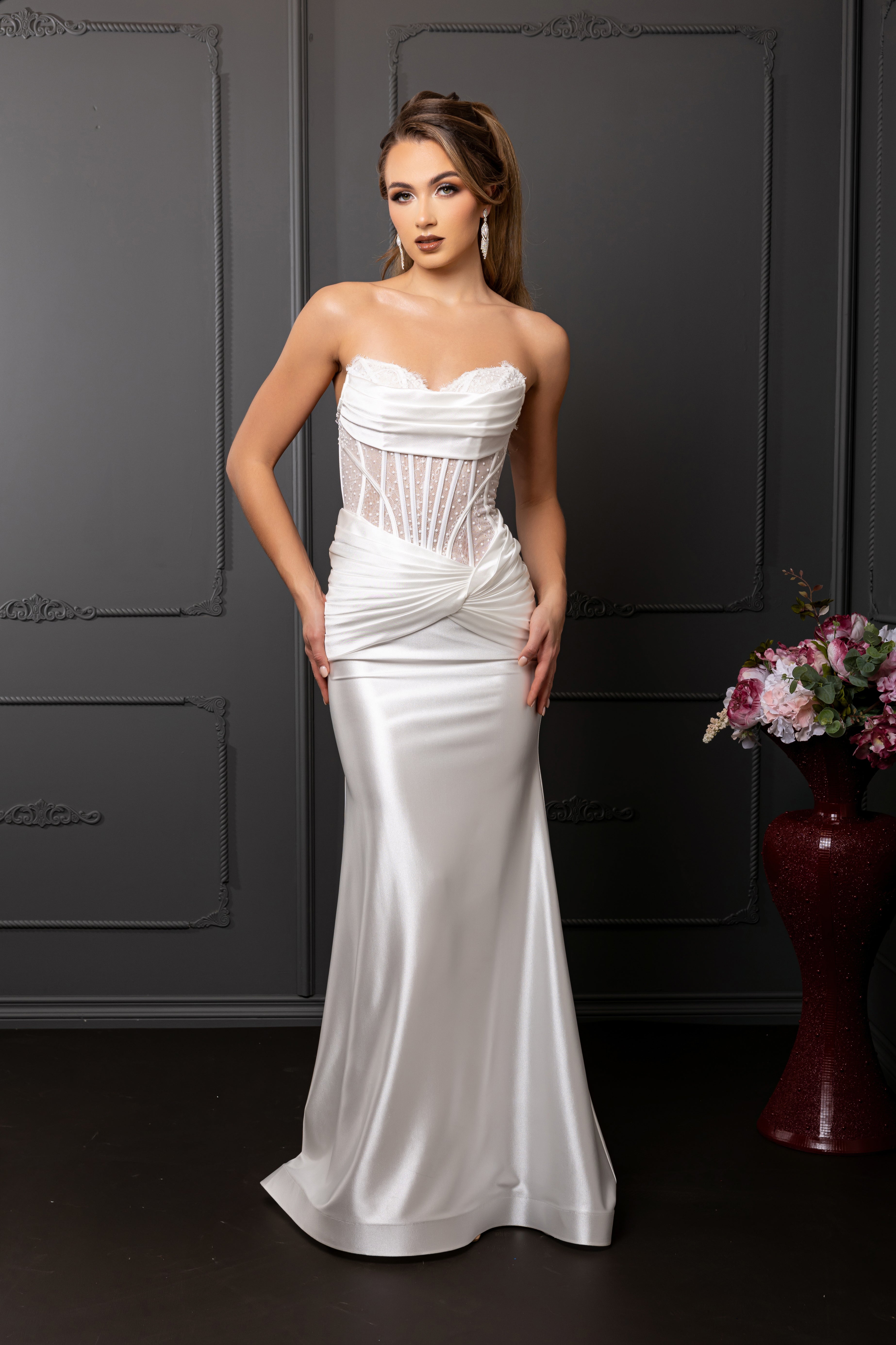 Strapless Satin Mermaid Wedding Dress with Corset Bodice & Draped Waist by May Queen MQ2186