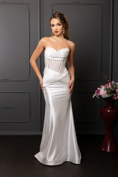 Strapless Satin Mermaid Wedding Dress with Corset Bodice & Draped Waist by May Queen MQ2186