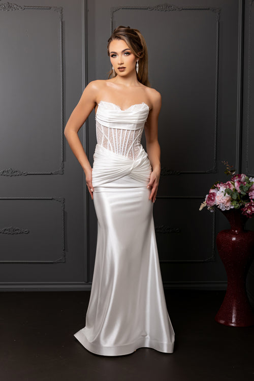 Strapless Satin Mermaid Wedding Dress with Corset Bodice & Draped Waist by May Queen MQ2186