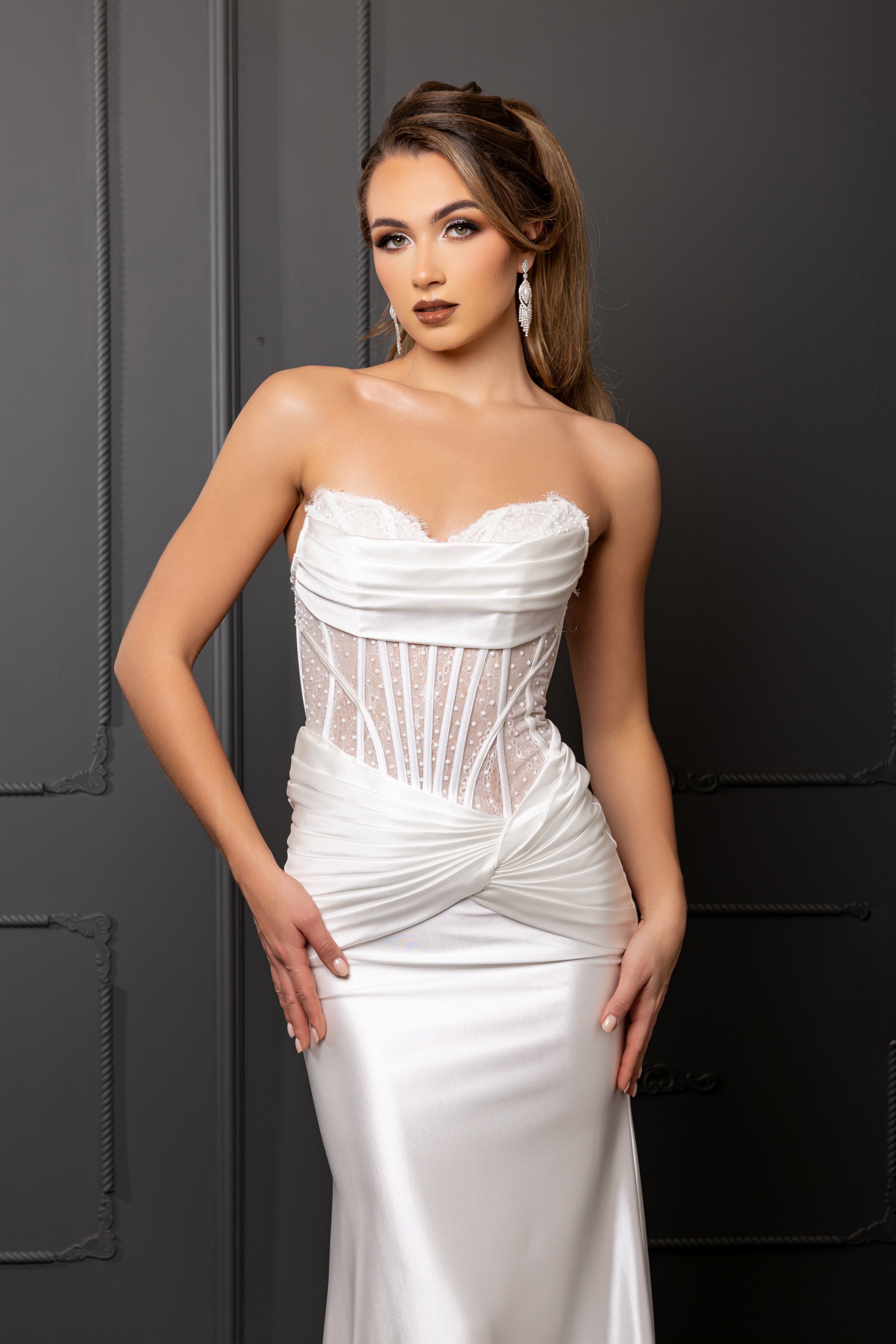 Strapless Satin Mermaid Wedding Dress with Corset Bodice & Draped Waist by May Queen MQ2186
