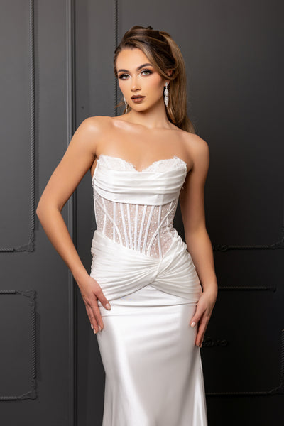 Strapless Satin Mermaid Wedding Dress with Corset Bodice & Draped Waist by May Queen MQ2186