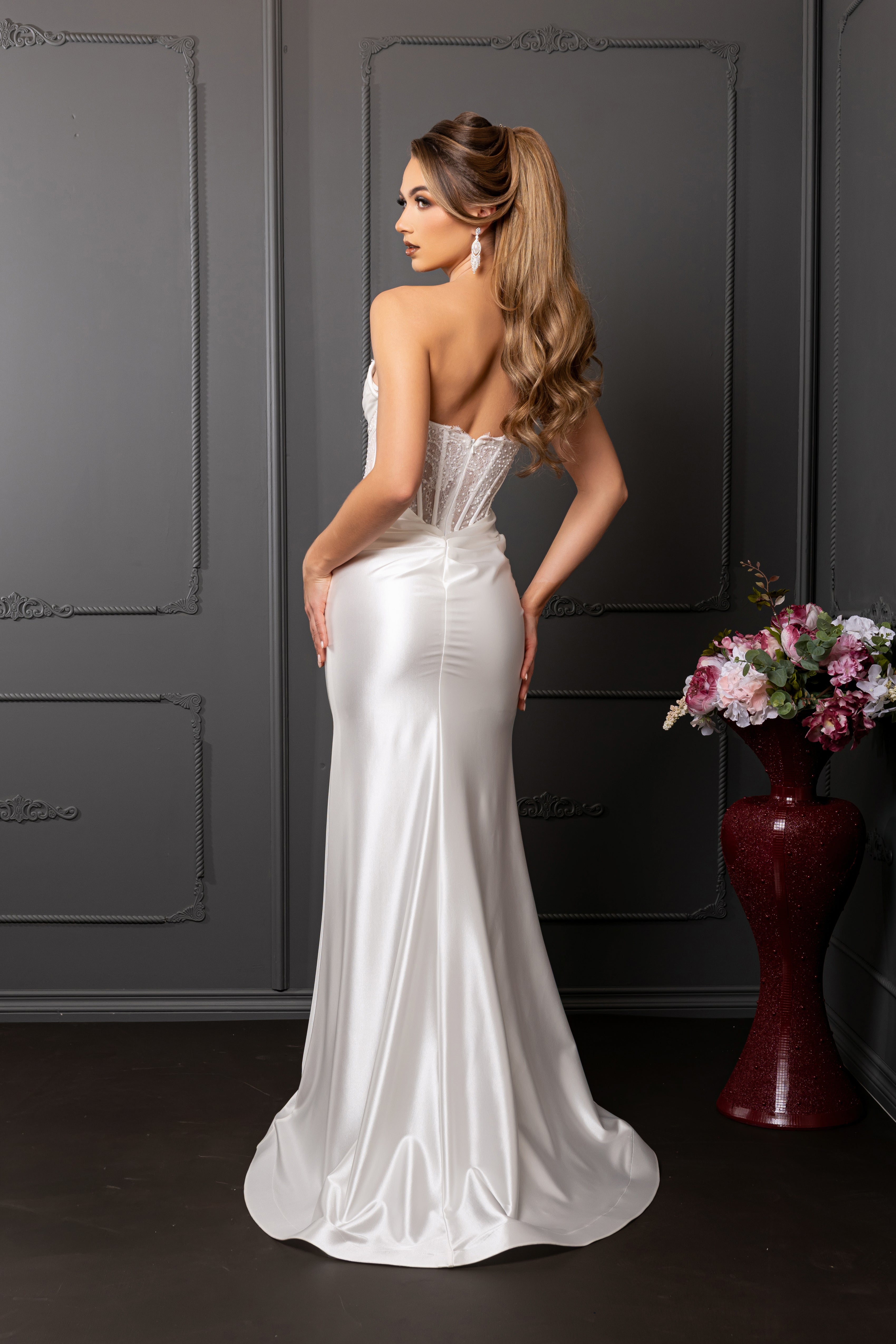 Strapless Satin Mermaid Wedding Dress with Corset Bodice & Draped Waist by May Queen MQ2186