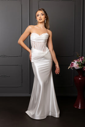 Strapless Satin Mermaid Wedding Dress with Corset Bodice & Draped Waist by May Queen MQ2186