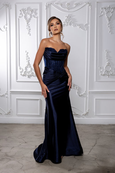 Strapless Satin Corset Evening Gown with Lace Bodice Formal Prom & Black Tie Dress by May Queen MQ2186