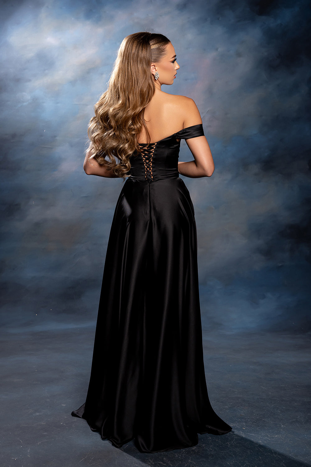 Off-Shoulder Satin A-Line Evening Gown with Corset Back & Leg Slit Prom Dress by May Queen MQ2187