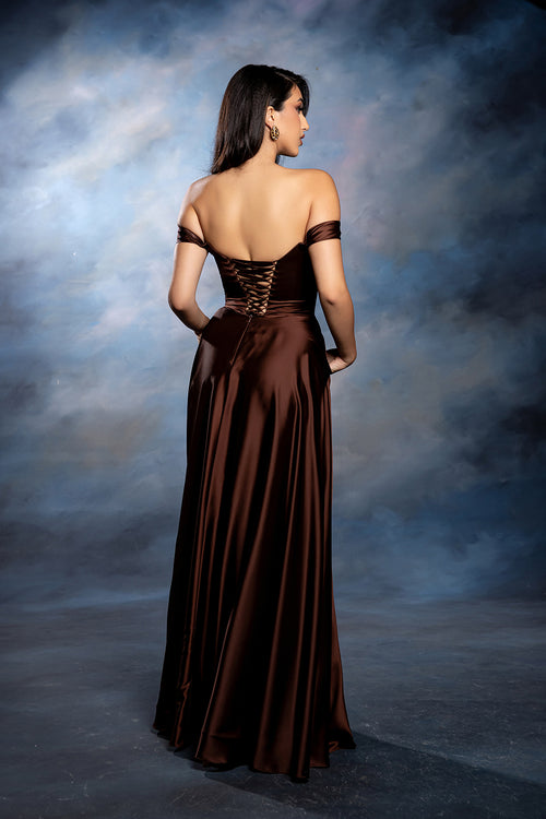 Plus Size Off Shoulder Satin Evening Gown with Slit & Lace-Up Back by May Queen MQ2187B