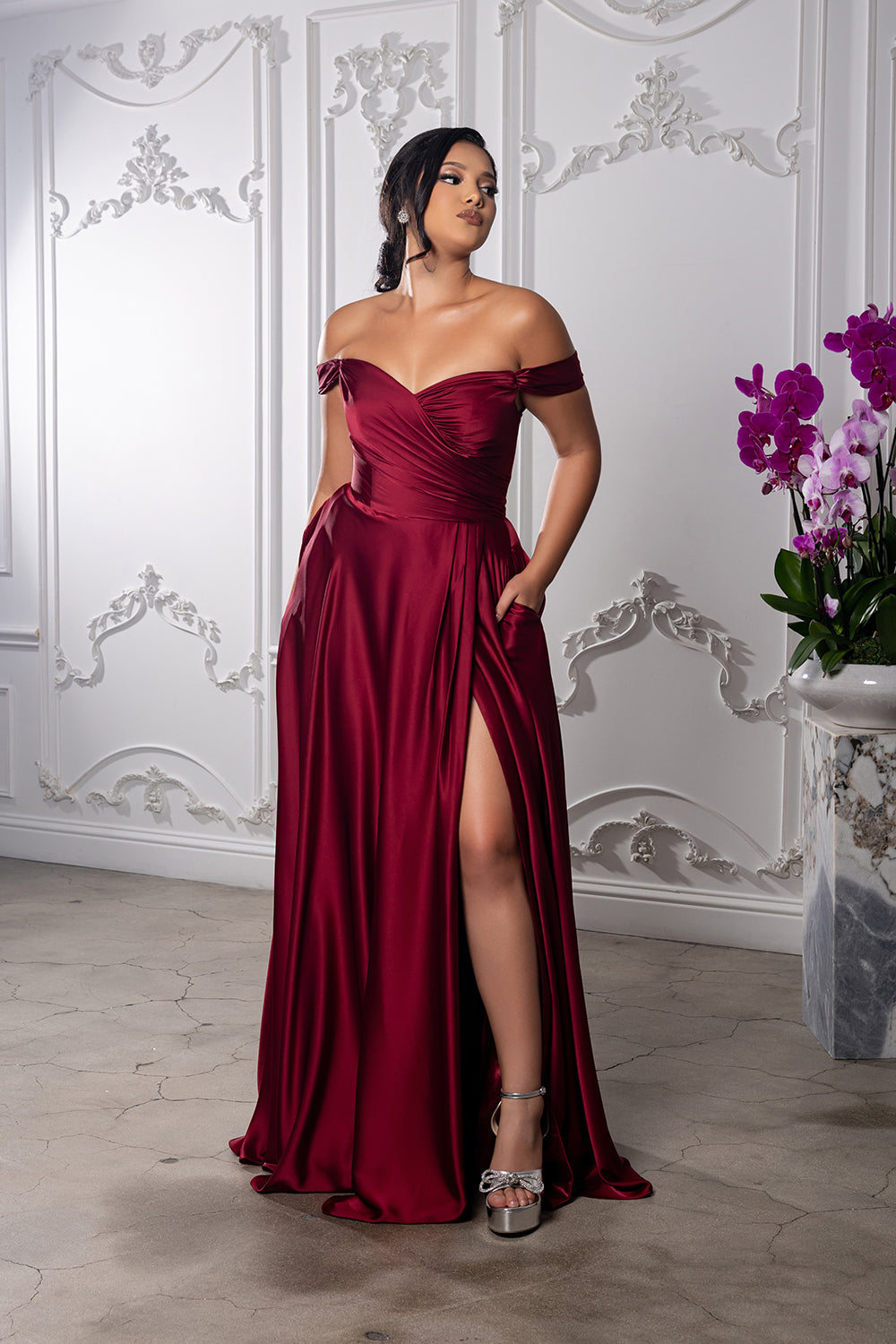 Off-Shoulder Satin A-Line Evening Gown with Corset Back & Leg Slit Prom Dress by May Queen MQ2187