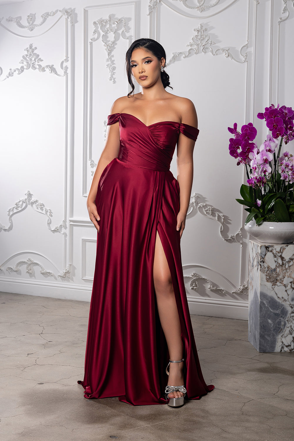 Off-Shoulder Satin A-Line Evening Gown with Corset Back & Leg Slit Prom Dress by May Queen MQ2187