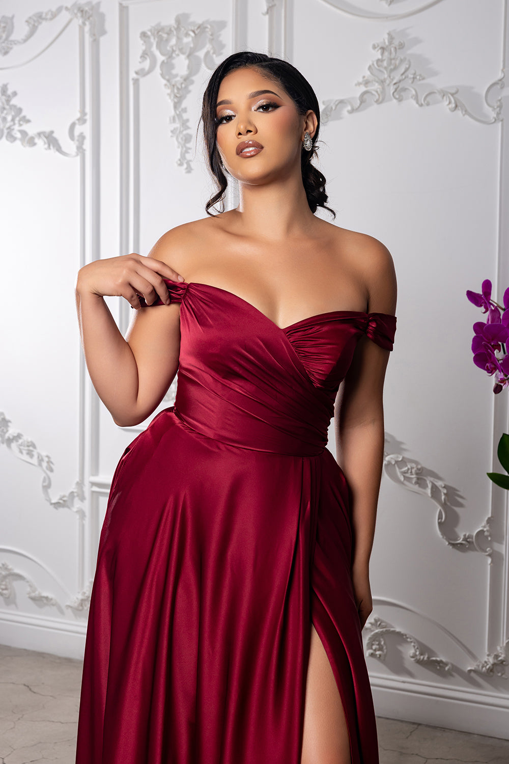 Off-Shoulder Satin A-Line Evening Gown with Corset Back & Leg Slit Prom Dress by May Queen MQ2187