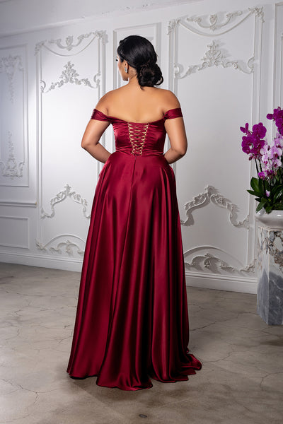 Plus Size Off Shoulder Satin Evening Gown with Slit & Lace-Up Back by May Queen MQ2187B