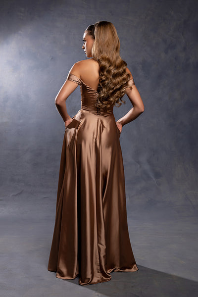 Off-Shoulder Satin A-Line Evening Gown with Corset Back & Leg Slit Prom Dress by May Queen MQ2187