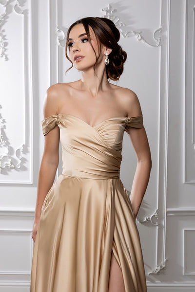 Plus Size Off Shoulder Satin Evening Gown with Slit & Lace-Up Back by May Queen MQ2187B