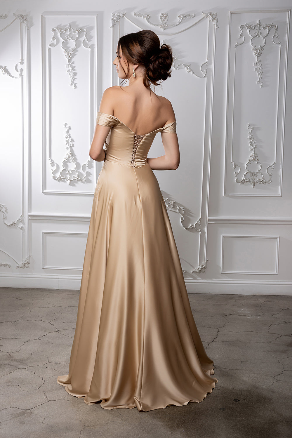 Off-Shoulder Satin A-Line Evening Gown with Corset Back & Leg Slit Prom Dress by May Queen MQ2187