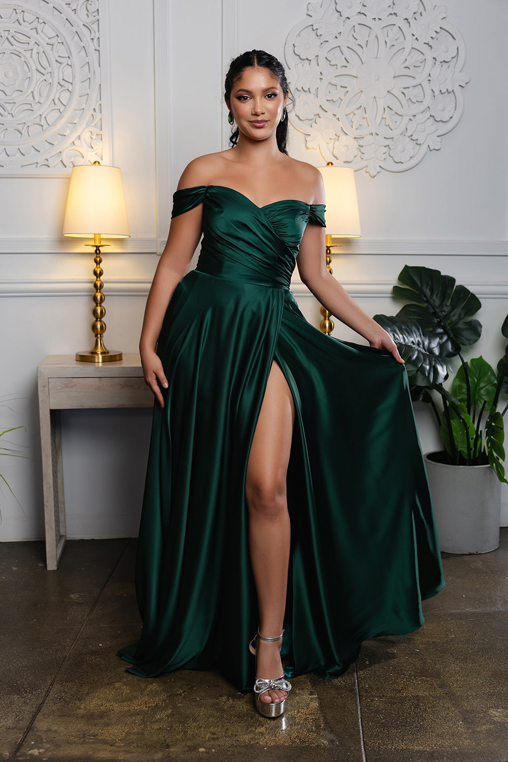 Off-Shoulder Satin A-Line Evening Gown with Corset Back & Leg Slit Prom Dress by May Queen MQ2187