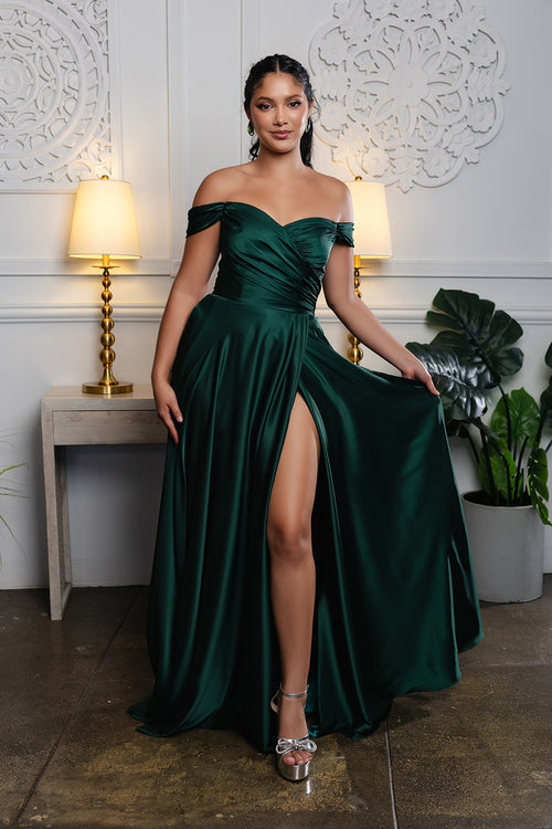 Off-Shoulder Satin A-Line Evening Gown with Corset Back & Leg Slit Prom Dress by May Queen MQ2187