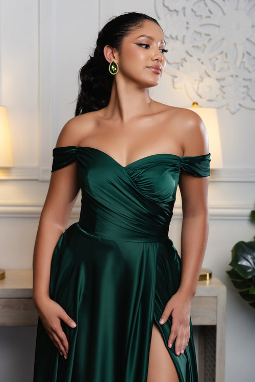 Plus Size Off Shoulder Satin Evening Gown with Slit & Lace-Up Back by May Queen MQ2187B