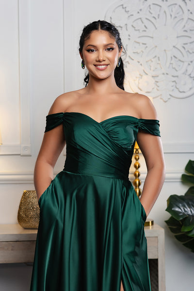 Plus Size Off Shoulder Satin Evening Gown with Slit & Lace-Up Back by May Queen MQ2187B