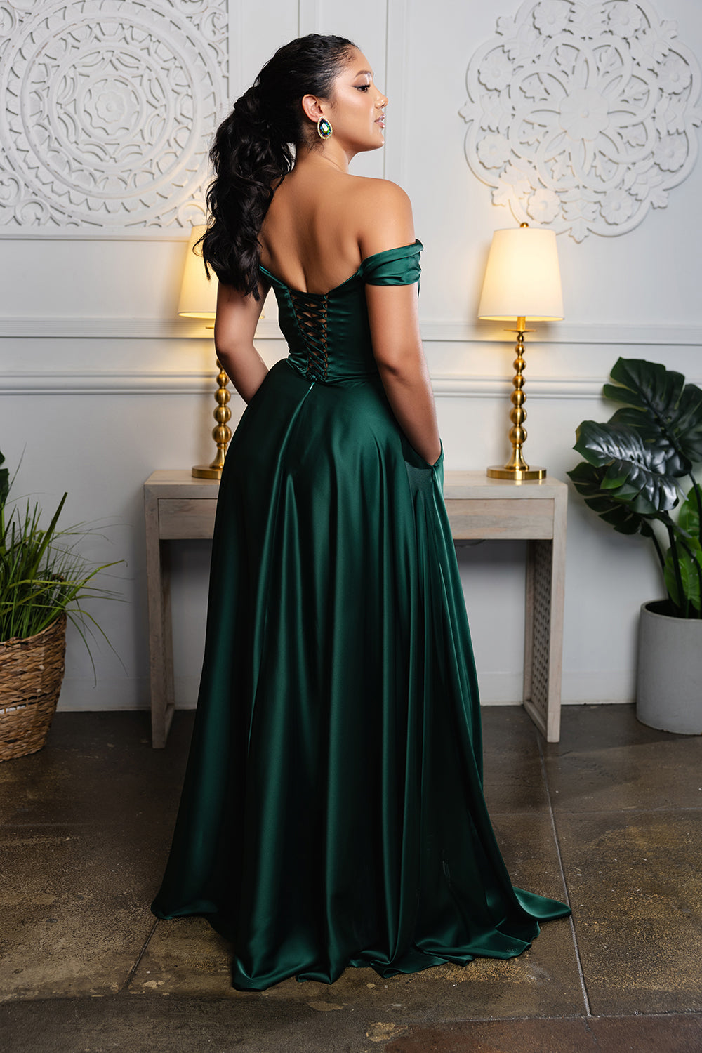 Plus Size Off Shoulder Satin Evening Gown with Slit & Lace-Up Back by May Queen MQ2187B