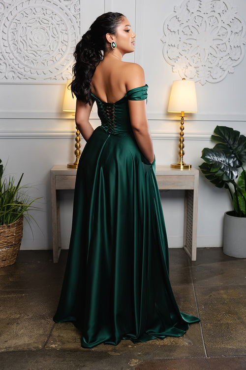Plus Size Off Shoulder Satin Evening Gown with Slit & Lace-Up Back by May Queen MQ2187B