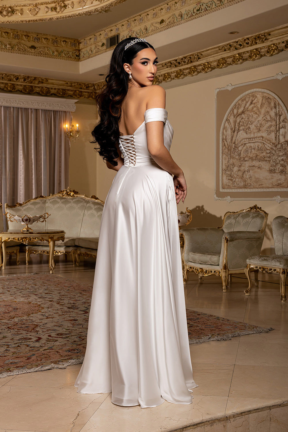 Plus Size Satin Off Shoulder Wedding Dress with Corset Back & High Slit by May Queen MQ2187B