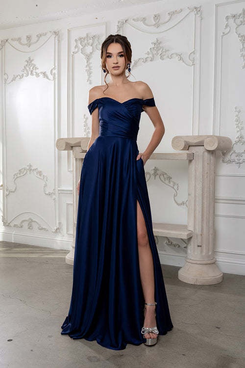 Plus Size Off Shoulder Satin Evening Gown with Slit & Lace-Up Back by May Queen MQ2187B