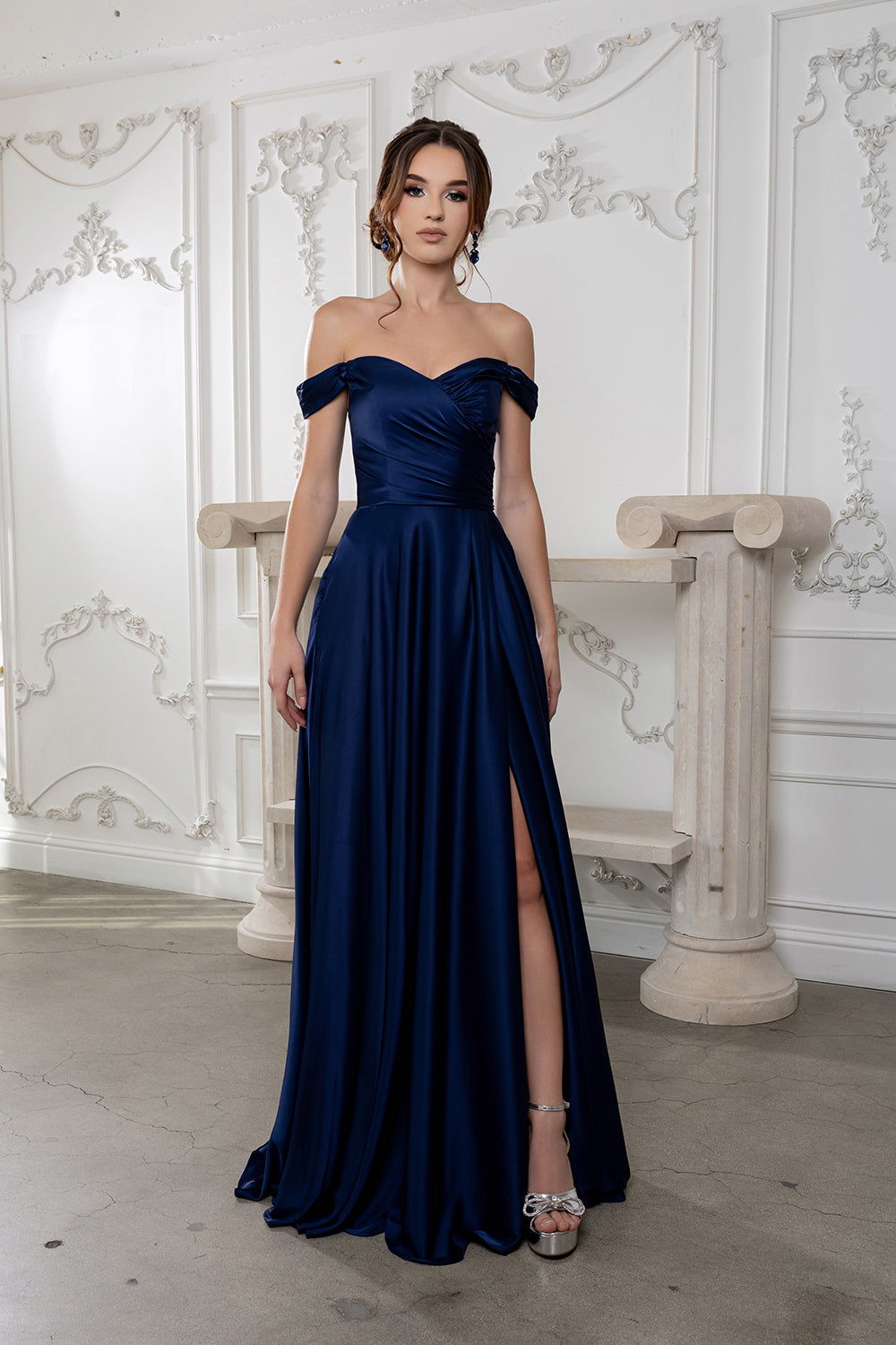 Plus Size Off Shoulder Satin Evening Gown with Slit & Lace-Up Back by May Queen MQ2187B
