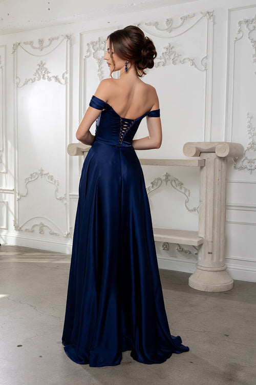 Plus Size Off Shoulder Satin Evening Gown with Slit & Lace-Up Back by May Queen MQ2187B