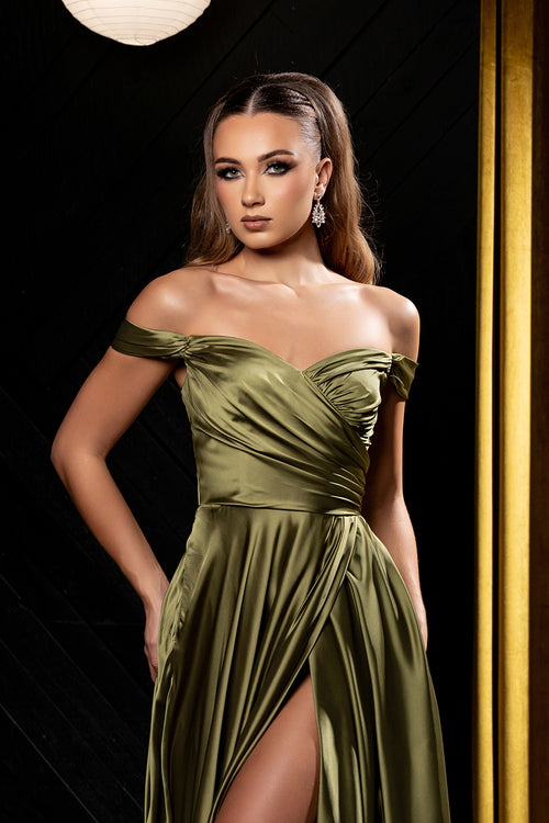 Off-Shoulder Satin A-Line Evening Gown with Corset Back & Leg Slit Prom Dress by May Queen MQ2187