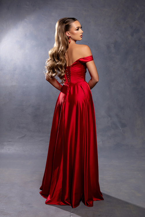 Off-Shoulder Satin A-Line Evening Gown with Corset Back & Leg Slit Prom Dress by May Queen MQ2187