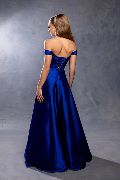Off-Shoulder Satin A-Line Evening Gown with Corset Back & Leg Slit Prom Dress by May Queen MQ2187