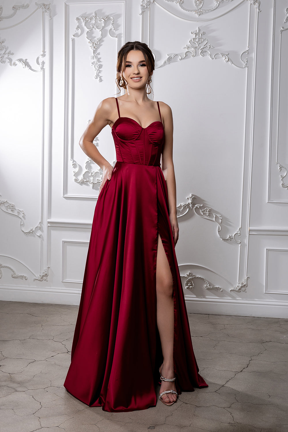 Satin Corset A-Line Prom Dress with Lace-Up Back Spaghetti Straps & Slit by May Queen MQ2188