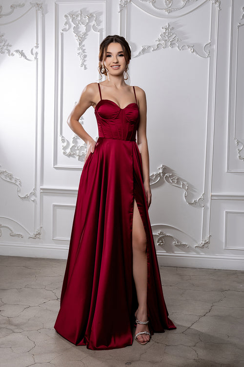 Satin Corset A-Line Prom Dress with Lace-Up Back Spaghetti Straps & Slit by May Queen MQ2188