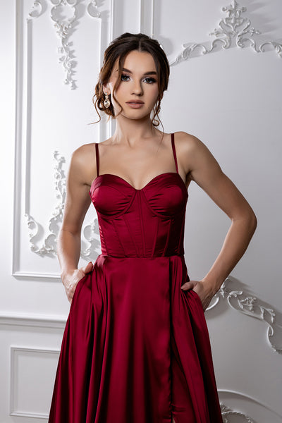 Satin Corset A-Line Prom Dress with Lace-Up Back Spaghetti Straps & Slit by May Queen MQ2188