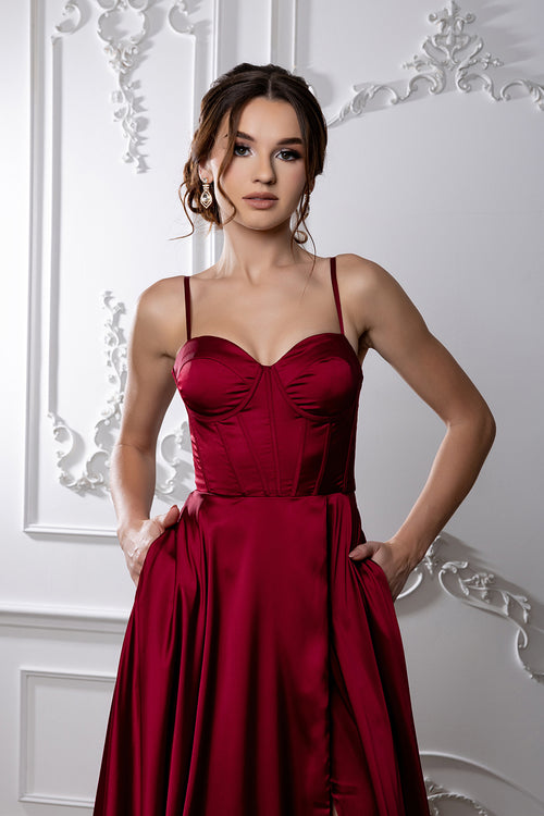 Satin Corset A-Line Prom Dress with Lace-Up Back Spaghetti Straps & Slit by May Queen MQ2188