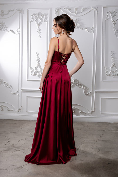 Satin Corset A-Line Prom Dress with Lace-Up Back Spaghetti Straps & Slit by May Queen MQ2188