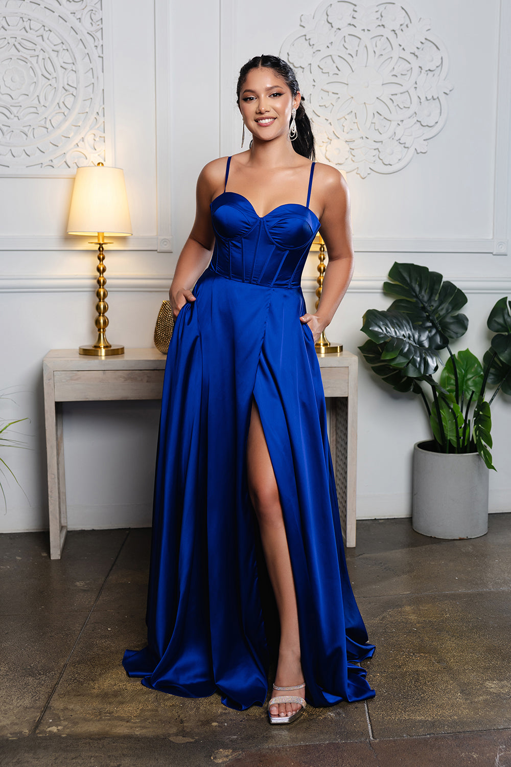 Satin Corset A-Line Prom Dress with Lace-Up Back Spaghetti Straps & Slit by May Queen MQ2188