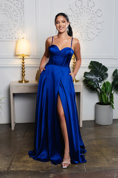 Satin Corset A-Line Prom Dress with Lace-Up Back Spaghetti Straps & Slit by May Queen MQ2188